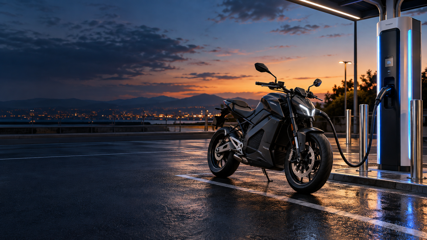 Motocicleta eléctrica conectada a un cargador rápido CCS al atardecer